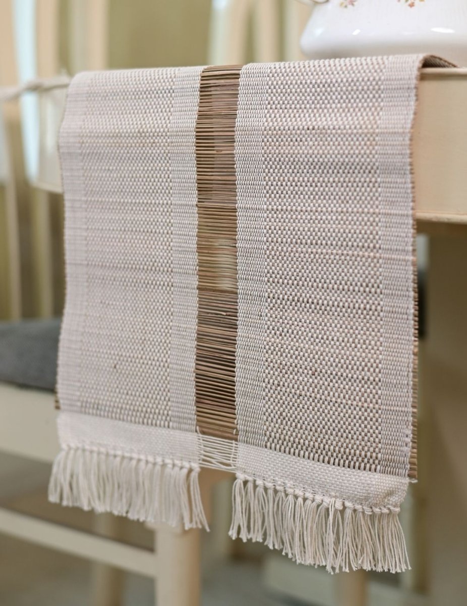 Handmade Madurkathi Table Runner - White - Kadam Haat