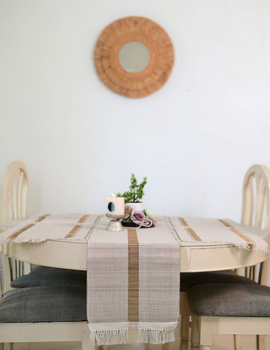 Handmade Madurkathi Table Runner - White - Kadam Haat