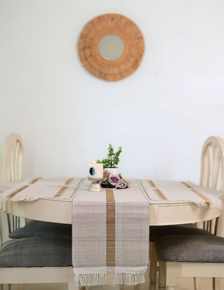 Handmade Madurkathi Table Runner - White - Kadam Haat