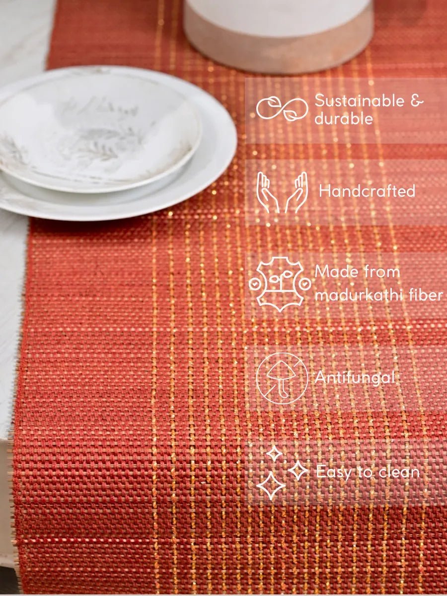 Handmade Madurkathi Zari Table Runner - Apple Red - Kadam Haat