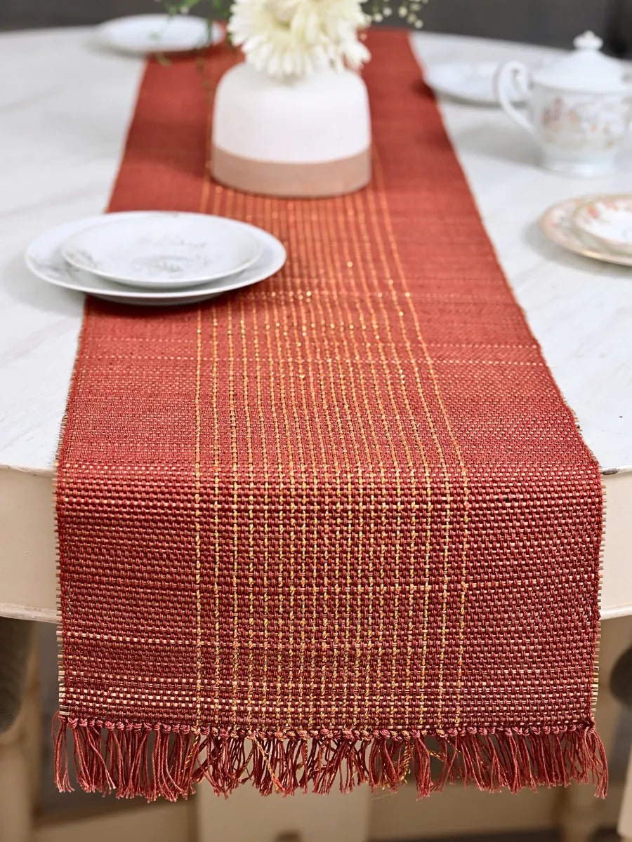 Handmade Madurkathi Zari Table Runner - Apple Red - Kadam Haat