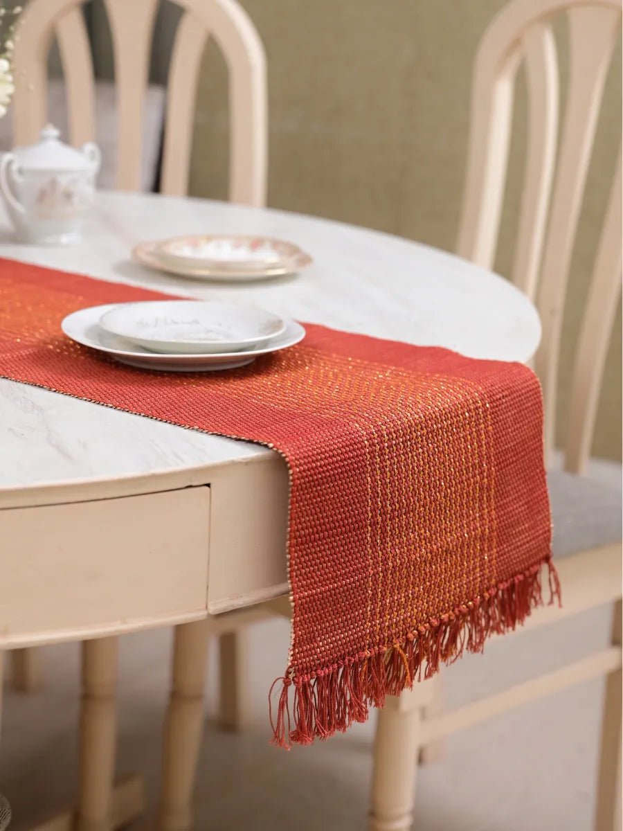 Handmade Madurkathi Zari Table Runner - Apple Red - Kadam Haat