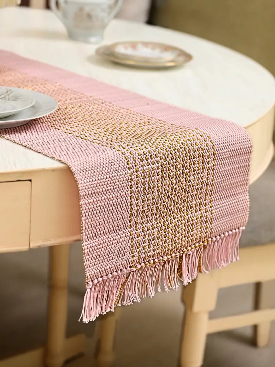 Handmade Madurkathi Zari Table Runner - Blush Pink - Kadam Haat