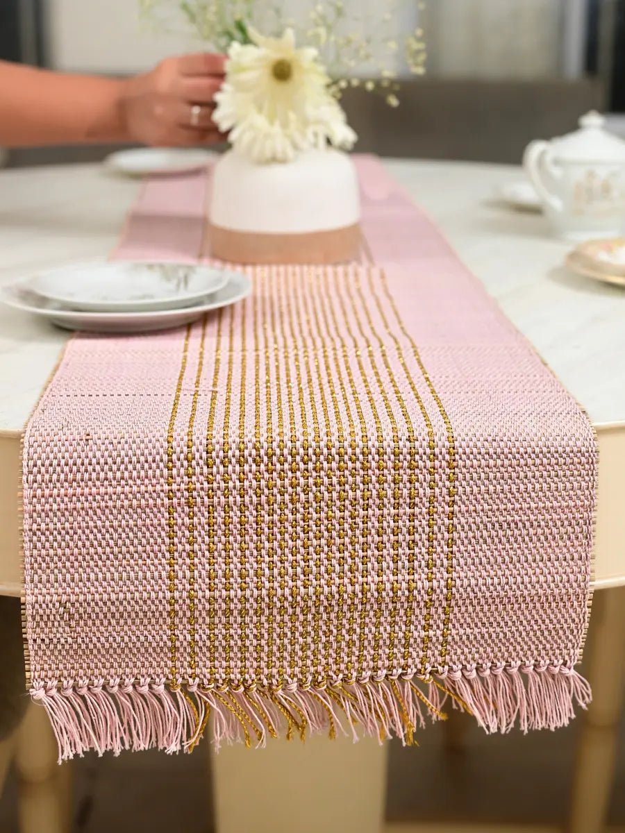 Handmade Madurkathi Zari Table Runner - Blush Pink - Kadam Haat