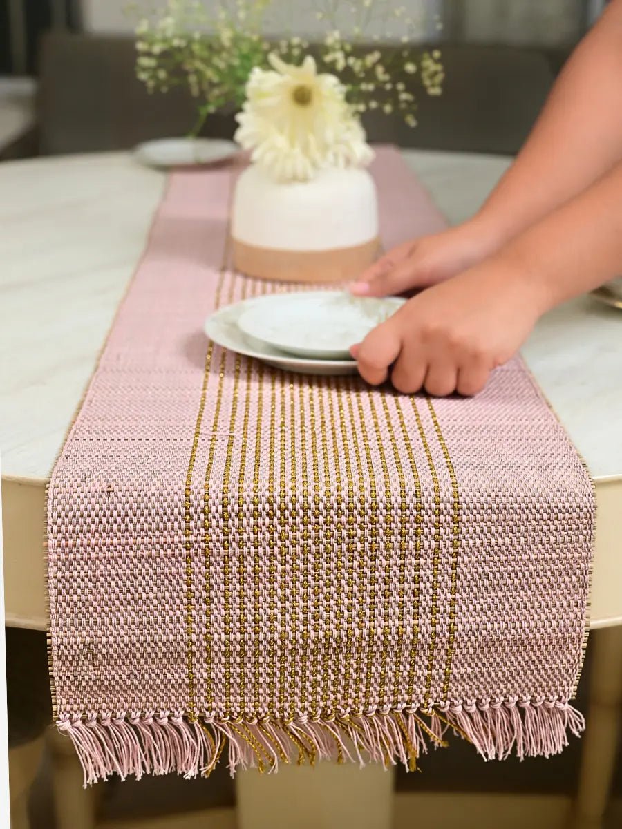 Handmade Madurkathi Zari Table Runner - Blush Pink - Kadam Haat