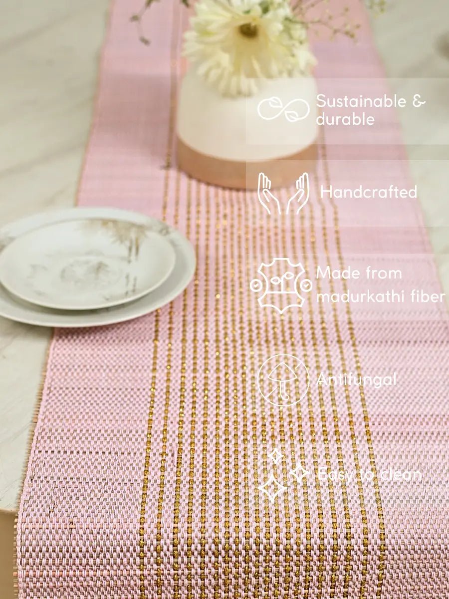 Handmade Madurkathi Zari Table Runner - Blush Pink - Kadam Haat