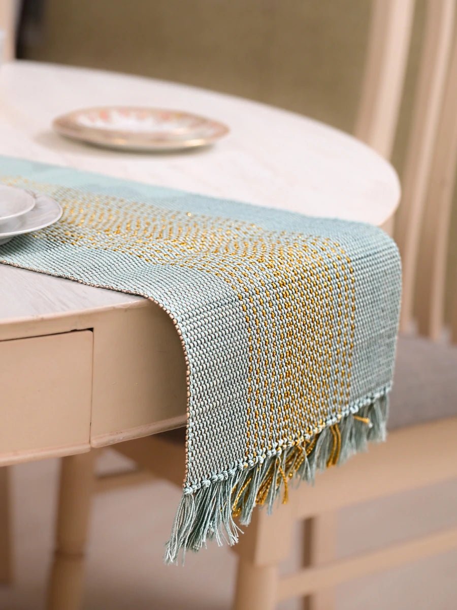Handmade Madurkathi Zari Table Runner - Sage Green - Kadam Haat