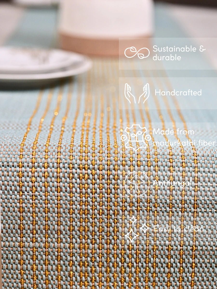 Handmade Madurkathi Zari Table Runner - Sage Green - Kadam Haat
