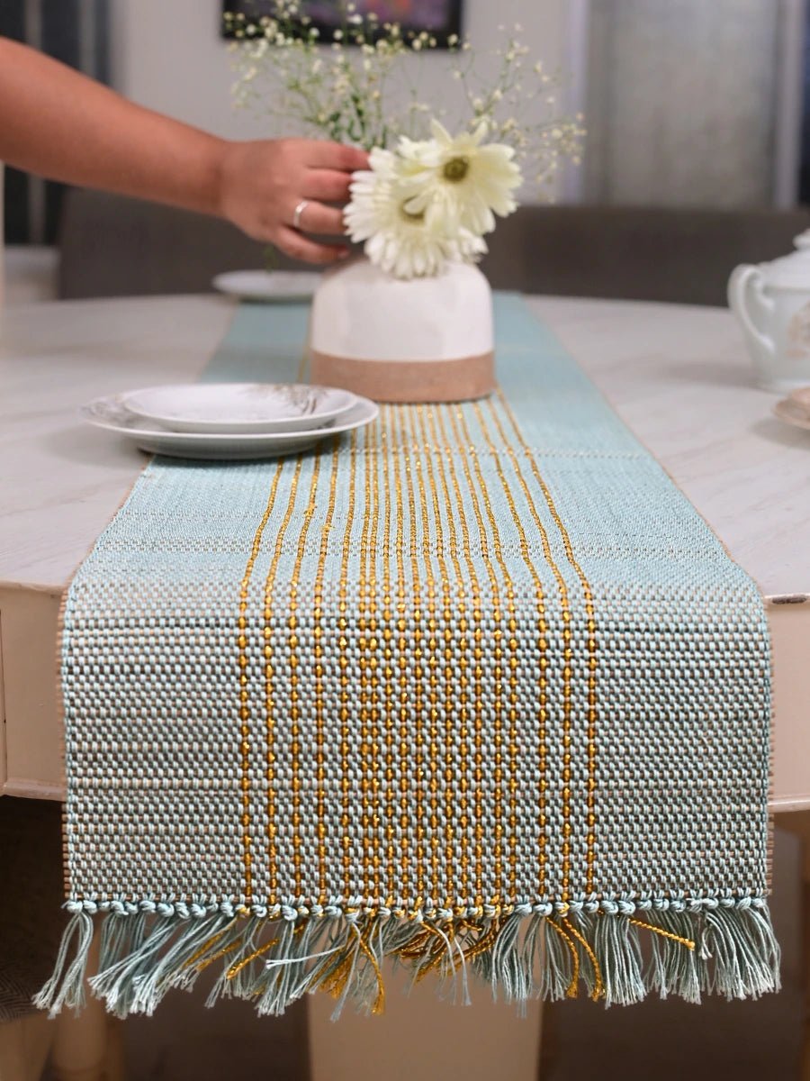 Handmade Madurkathi Zari Table Runner - Sage Green - Kadam Haat