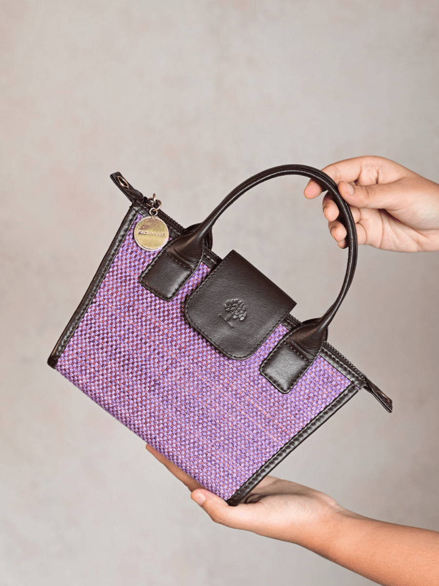 Handmade Mini Roll - up Madurkathi Bag - Lavender - Kadam Haat