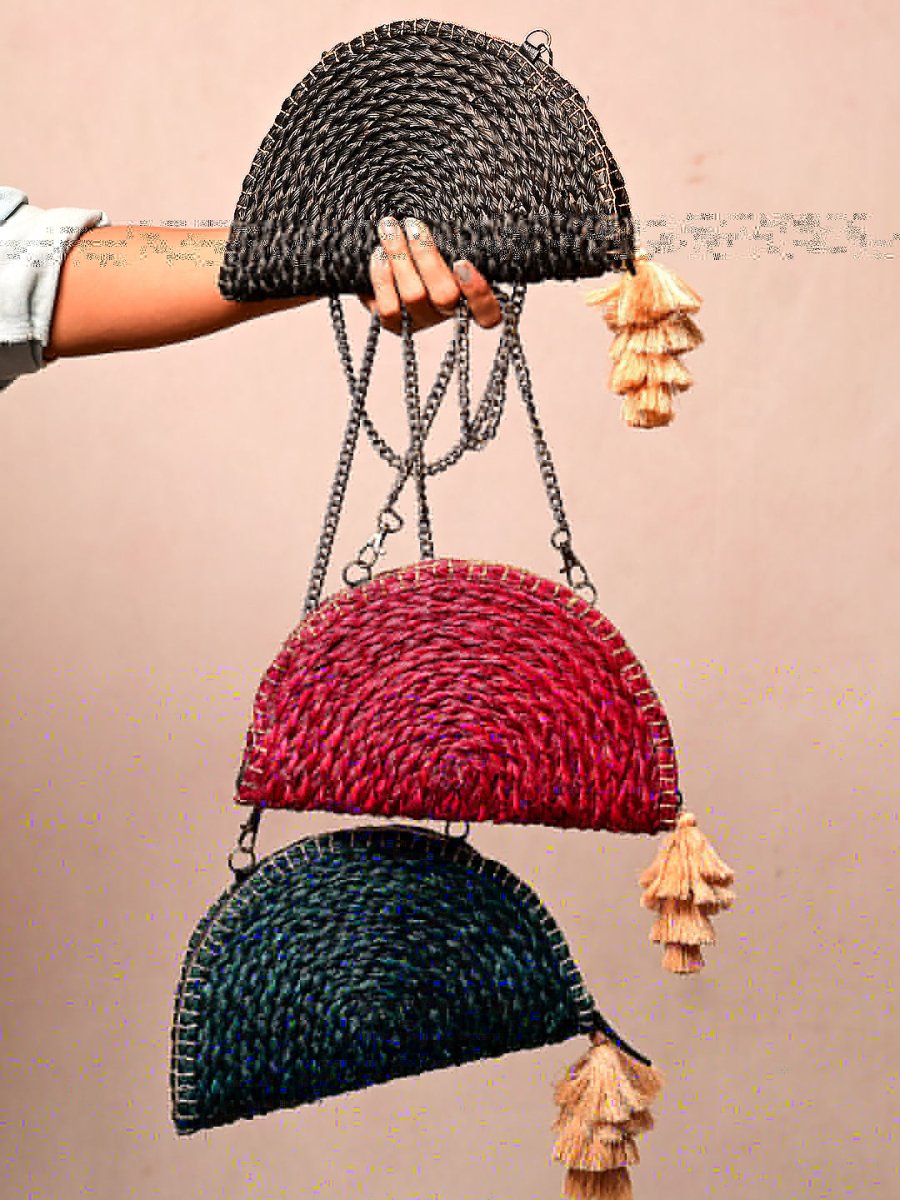 Handmade Moon Clutch with Silver Strap - Kadam Haat