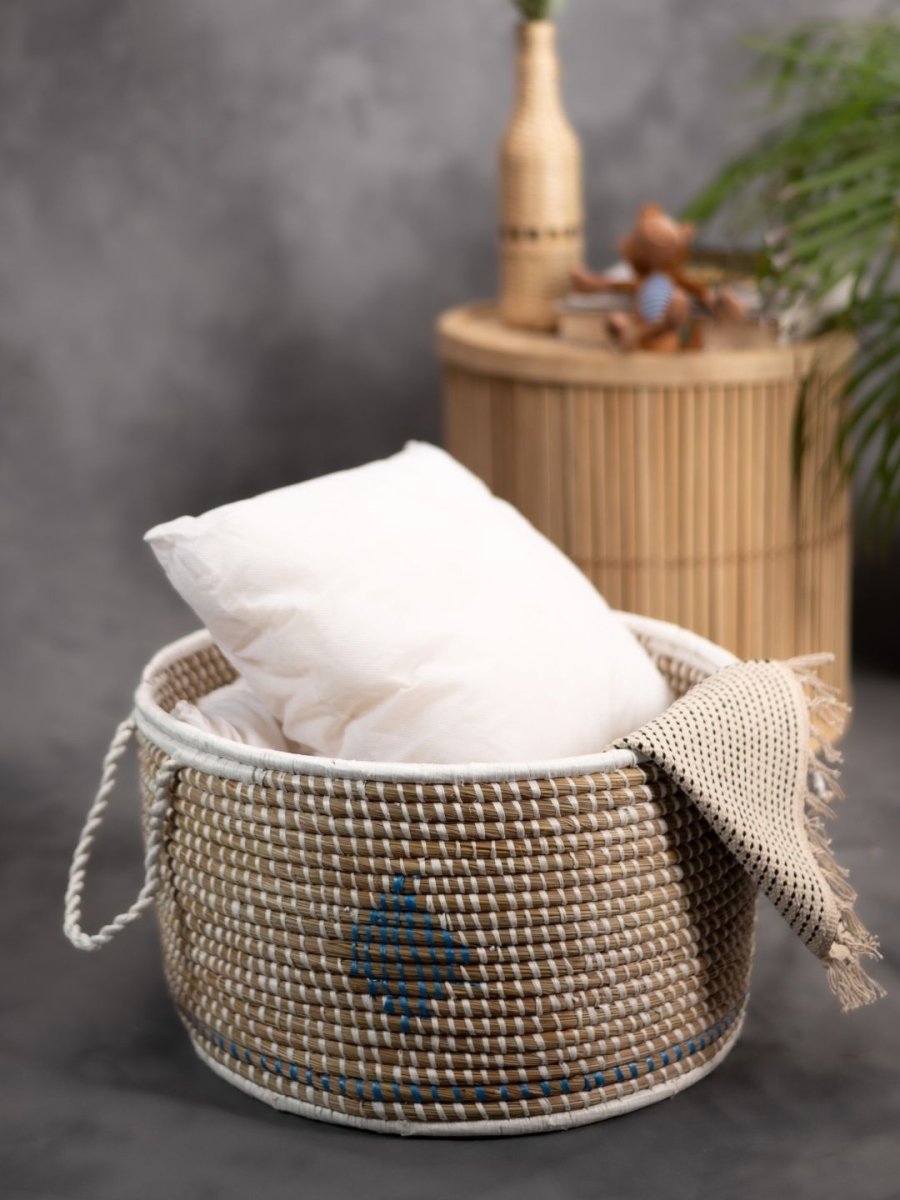 Handmade Moonj Grass Declutter Basket - Indigo - Diamond - Kadam Haat