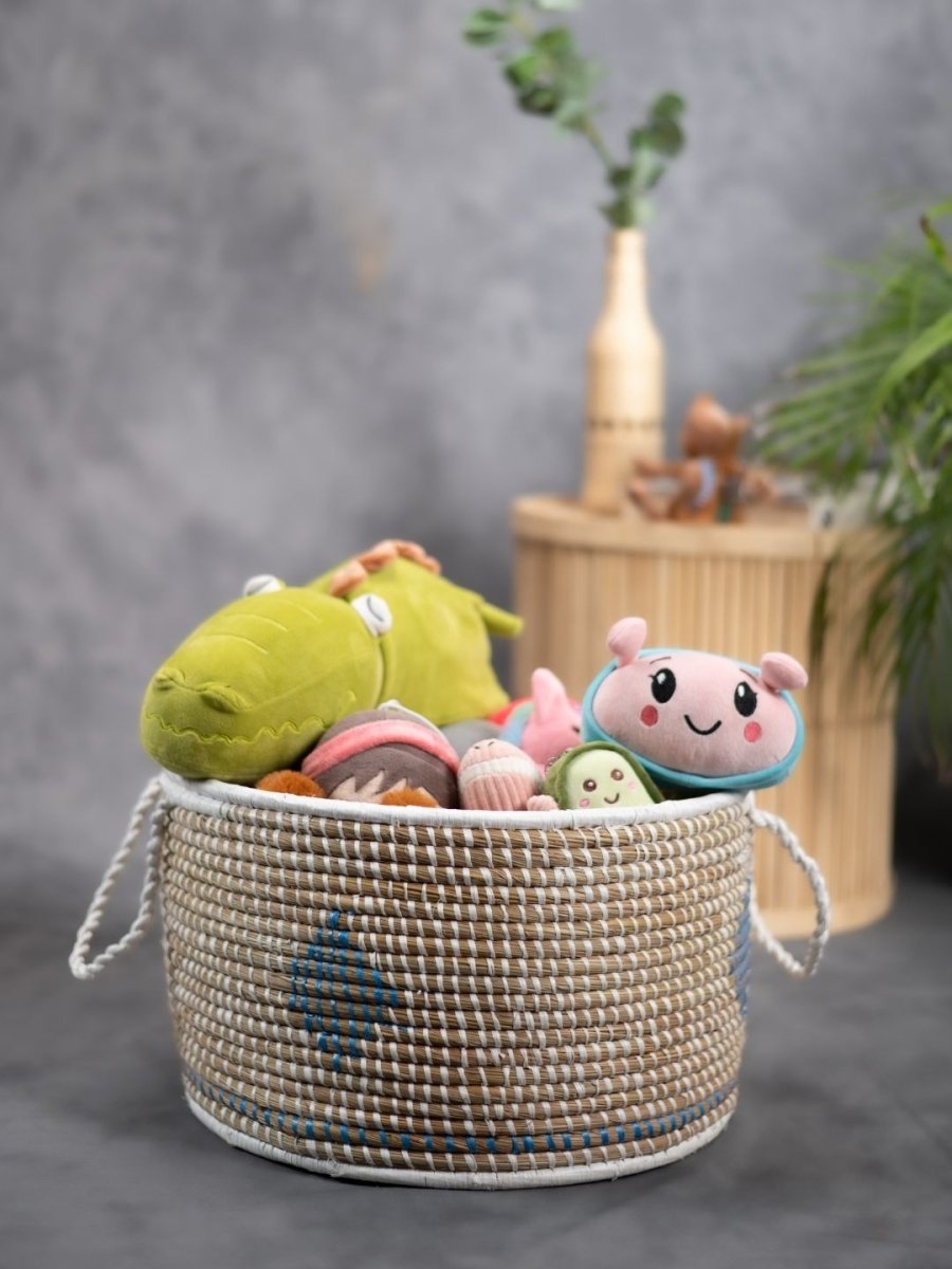 Handmade Moonj Grass Declutter Basket - Indigo - Diamond - Kadam Haat