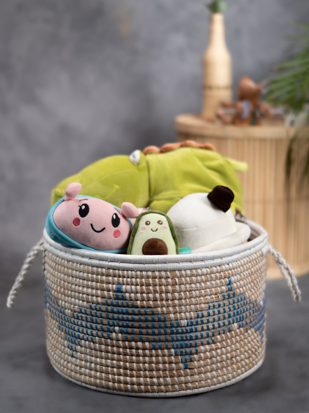 Handmade Moonj Grass Declutter Basket - Indigo - Wave - Kadam Haat