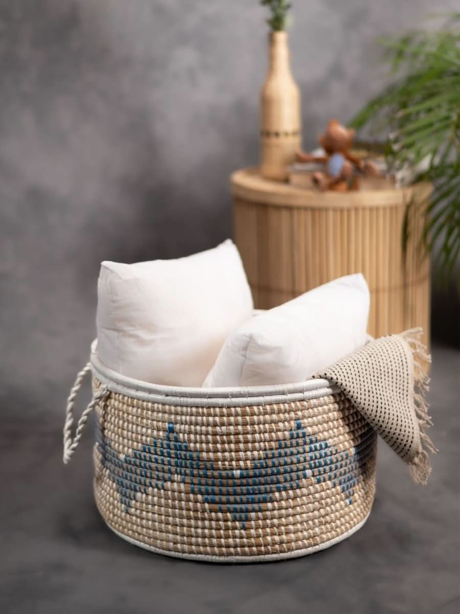 Handmade Moonj Grass Declutter Basket - Indigo - Wave - Kadam Haat