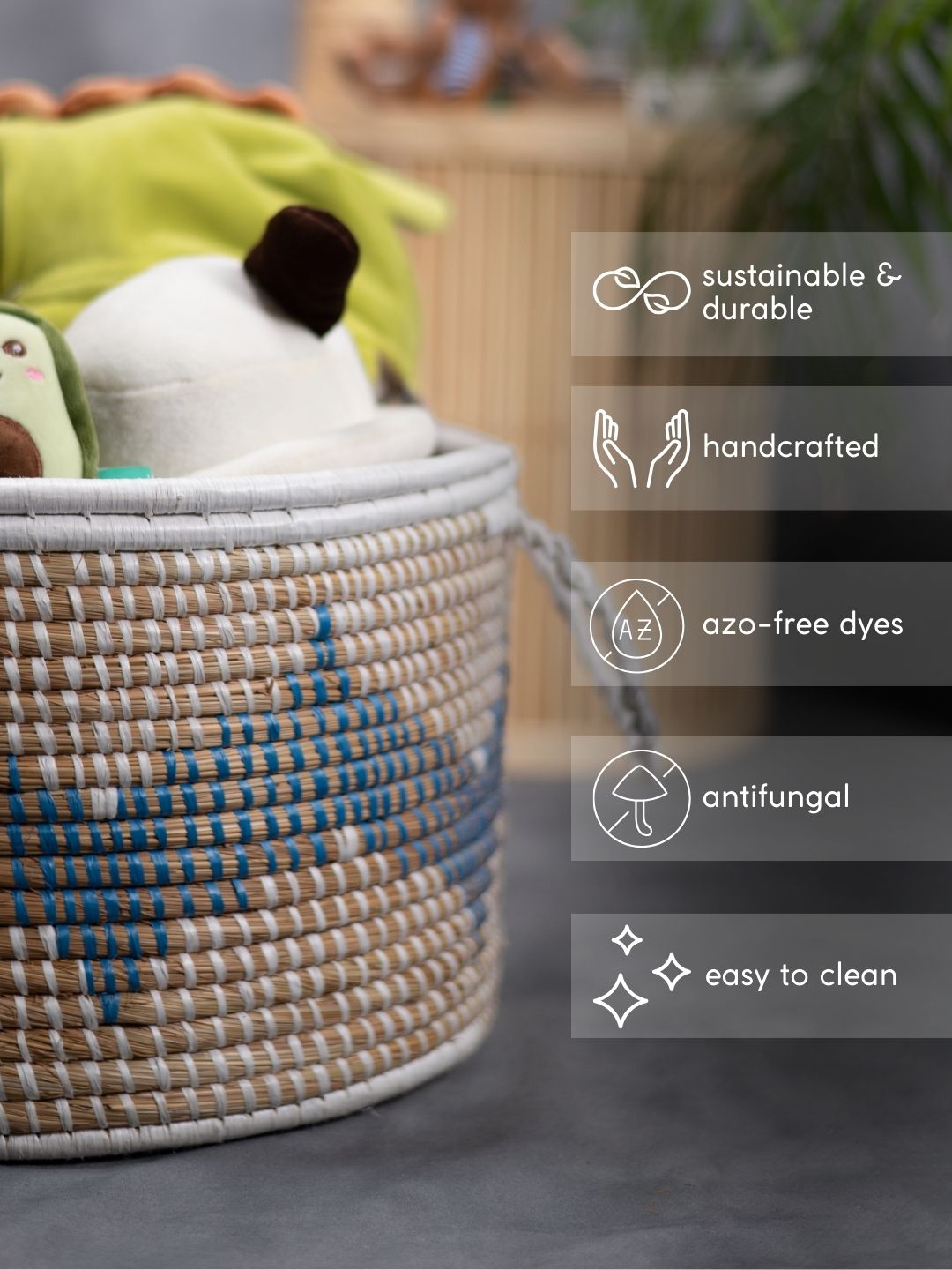 Handmade Moonj Grass Declutter Basket - Indigo - Wave - Kadam Haat