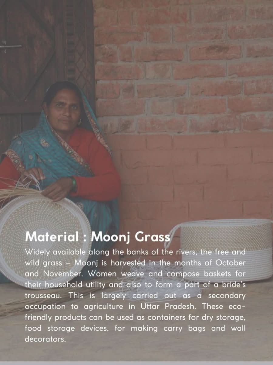 Handmade Moonj Grass Declutter Basket - White - Bottom Strip - Kadam Haat