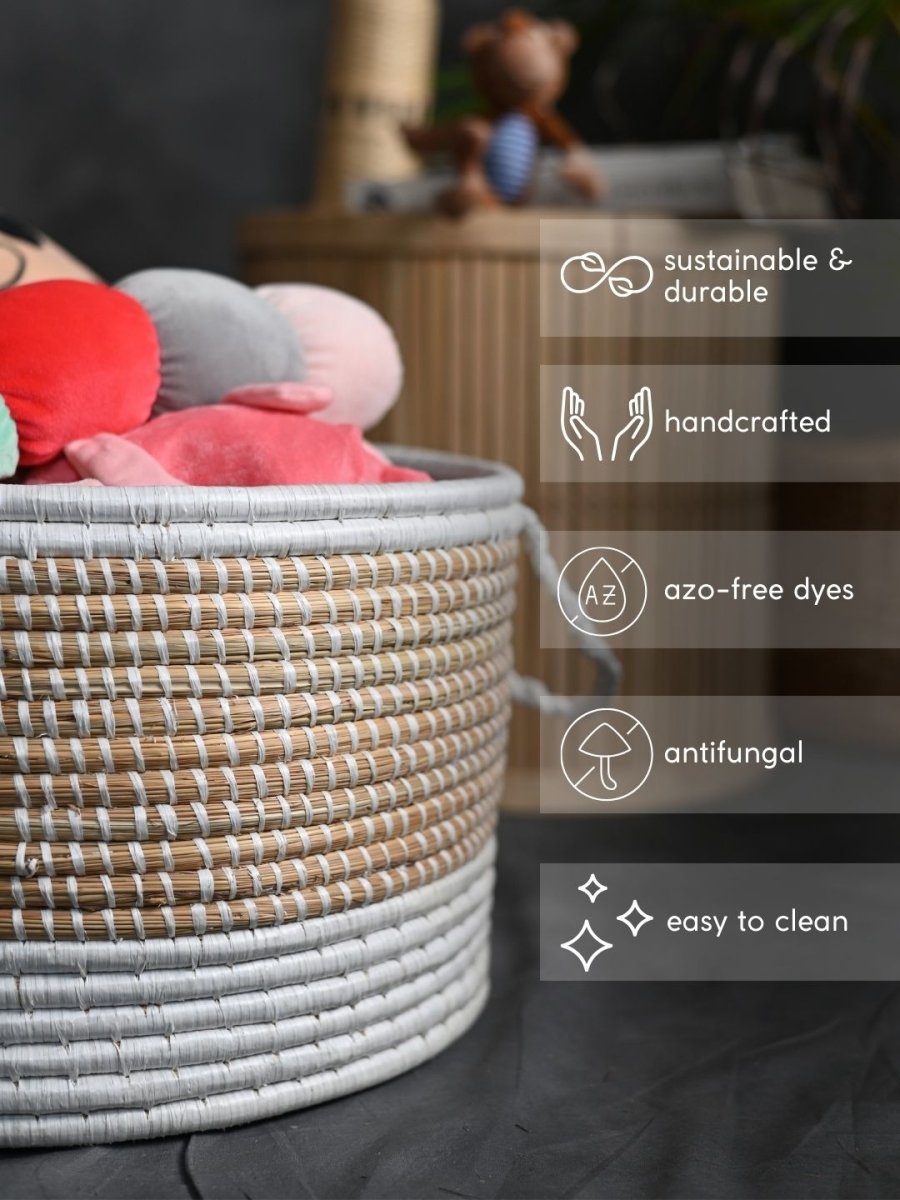 Handmade Moonj Grass Declutter Basket - White - Bottom Strip - Kadam Haat