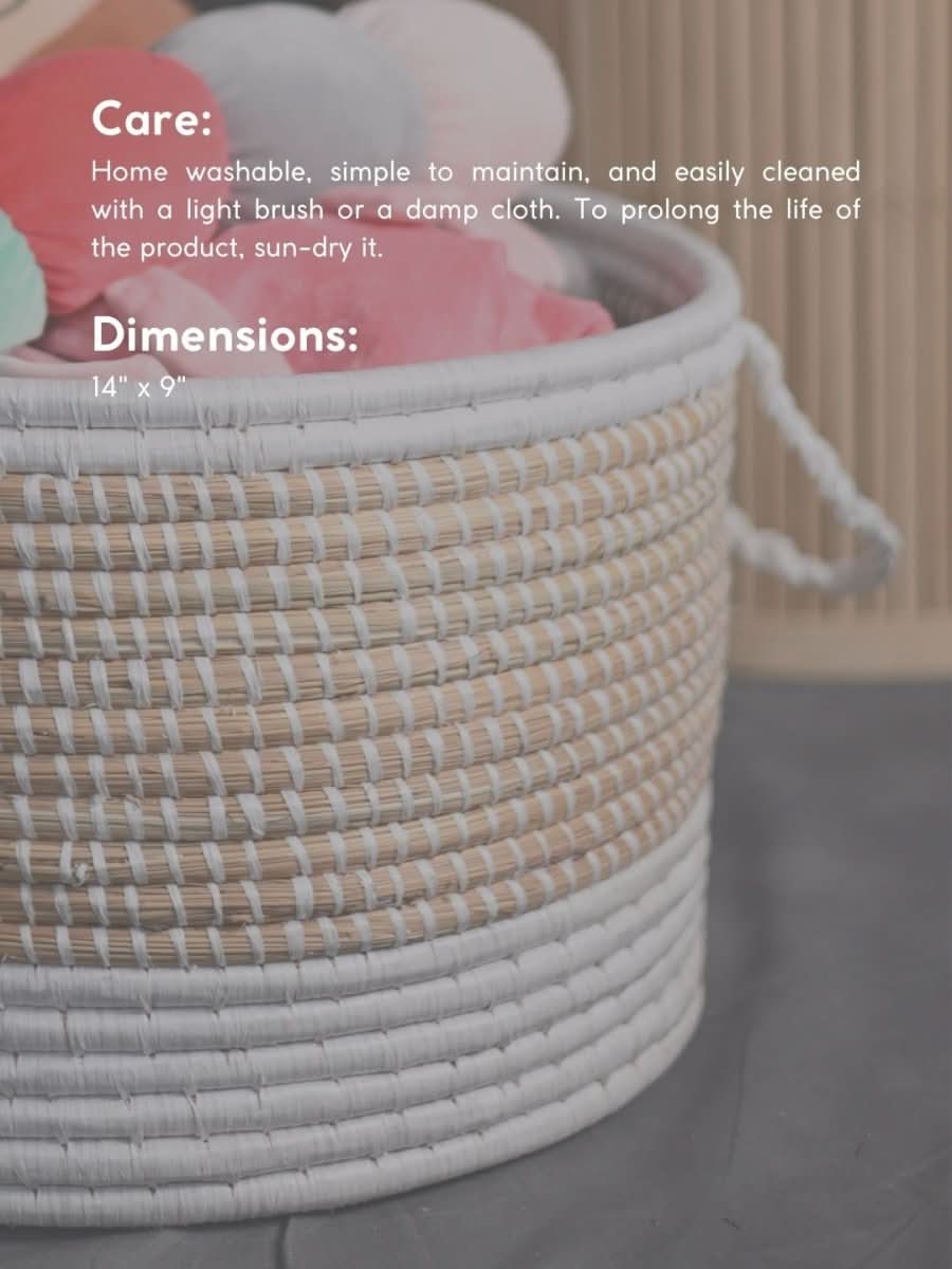 Handmade Moonj Grass Declutter Basket - White - Bottom Strip - Kadam Haat