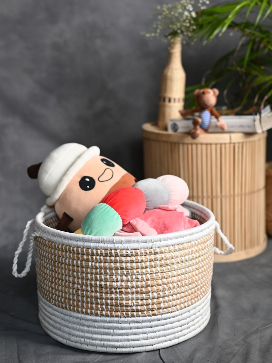 Handmade Moonj Grass Declutter Basket - White - Bottom Strip - Kadam Haat