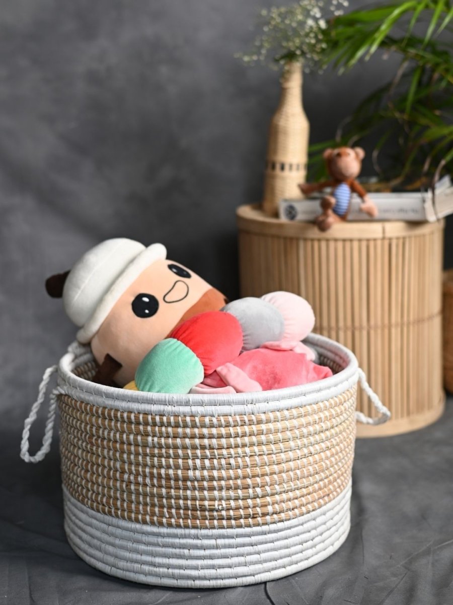 Handmade Moonj Grass Declutter Basket - White - Bottom Strip - Kadam Haat