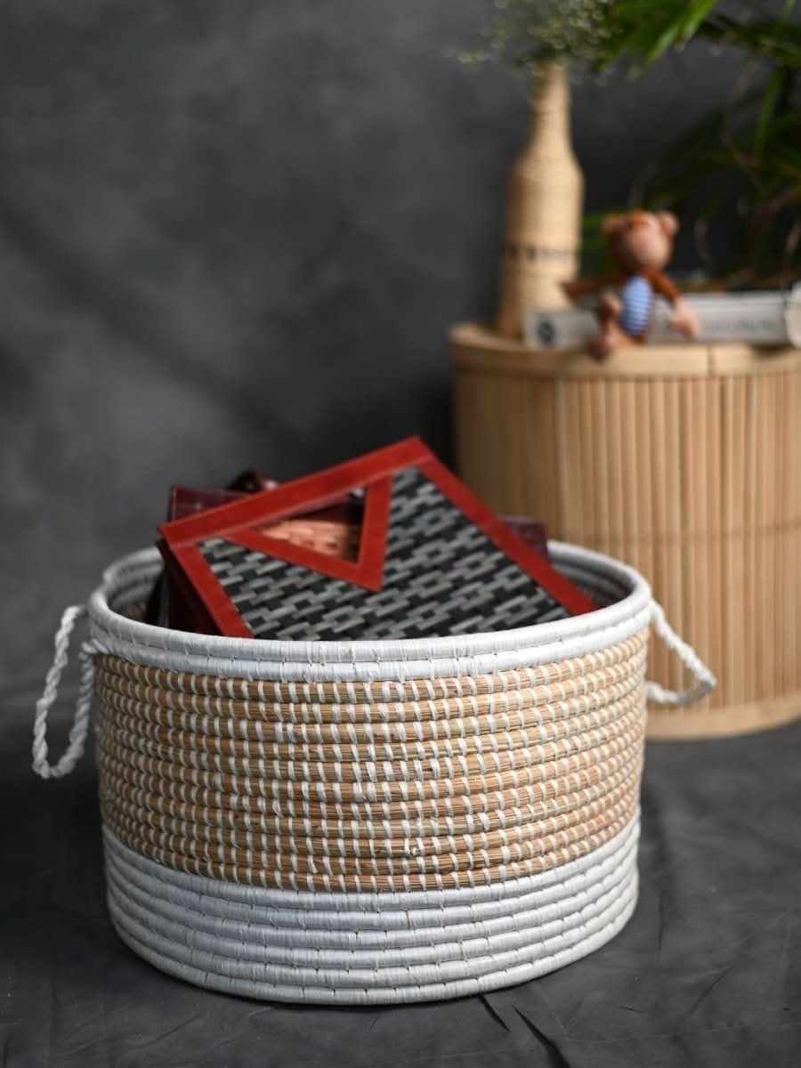 Handmade Moonj Grass Declutter Basket - White - Bottom Strip - Kadam Haat