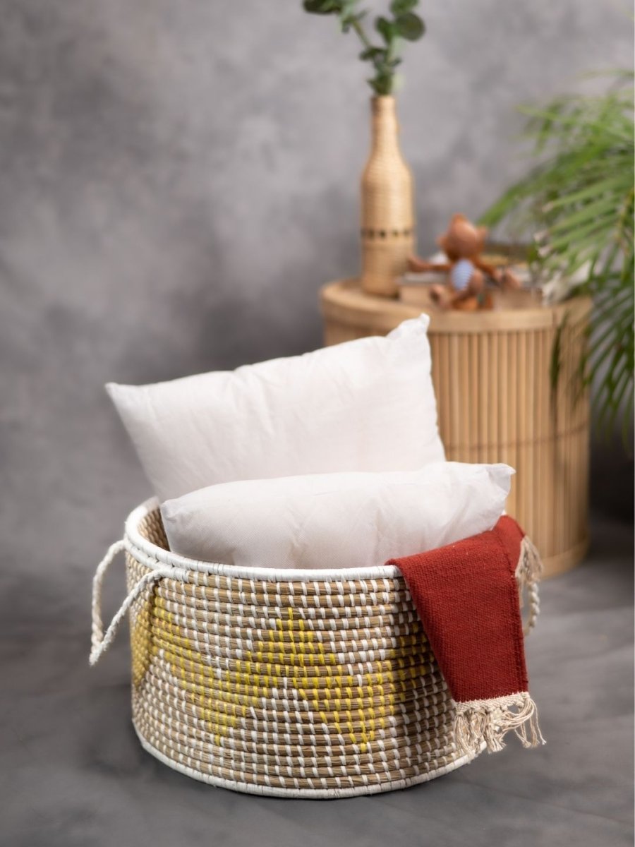 Handmade Moonj Grass Declutter Basket - Yellow - Wave - Kadam Haat