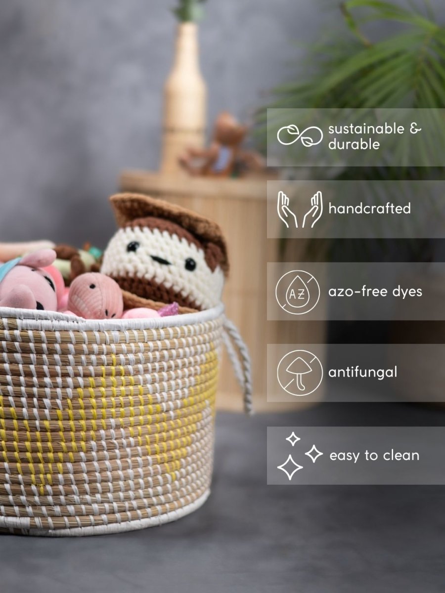 Handmade Moonj Grass Declutter Basket - Yellow - Wave - Kadam Haat