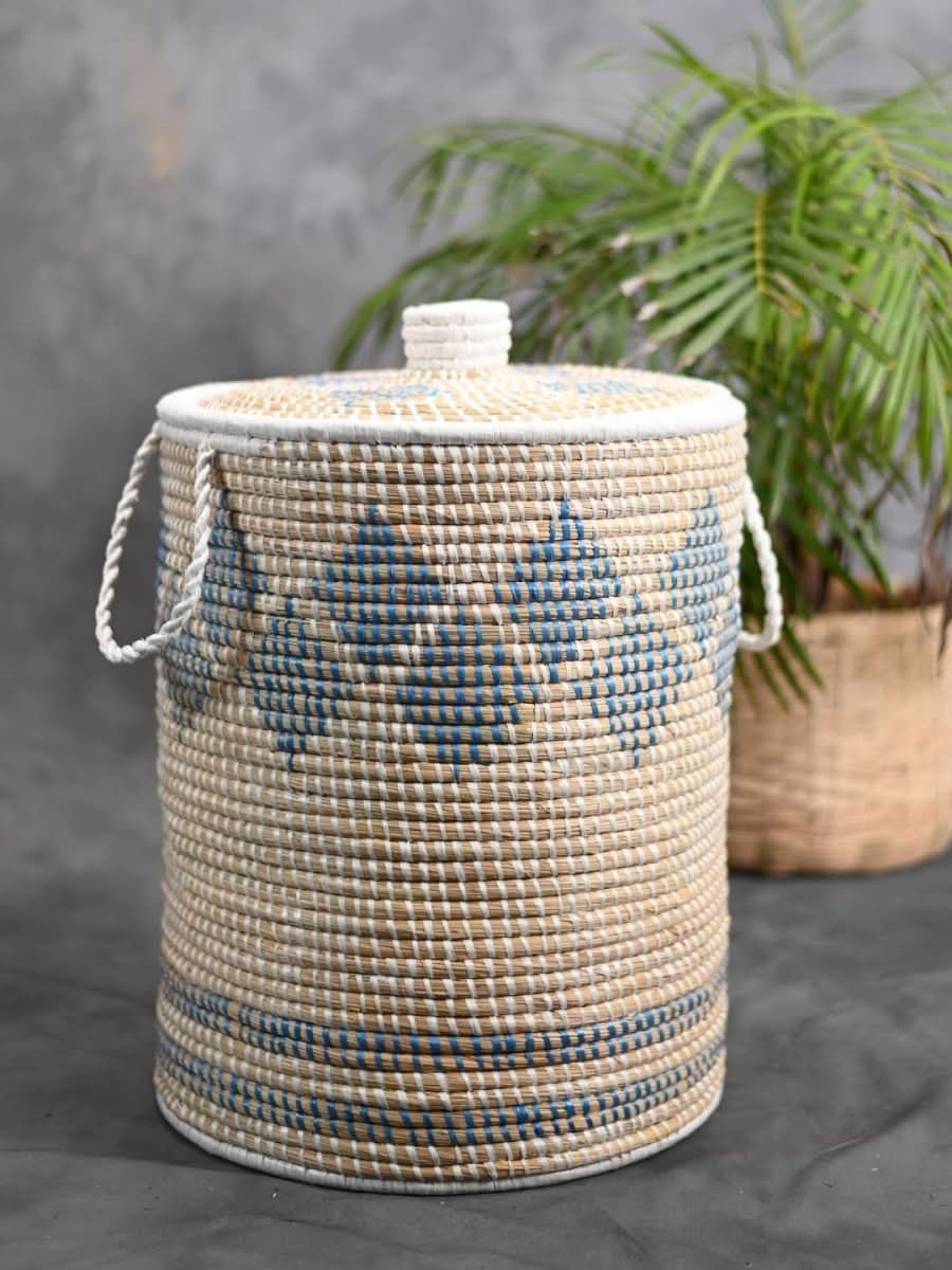 Handmade Moonj Grass Laundry Basket - Indigo - Diamond - Kadam Haat