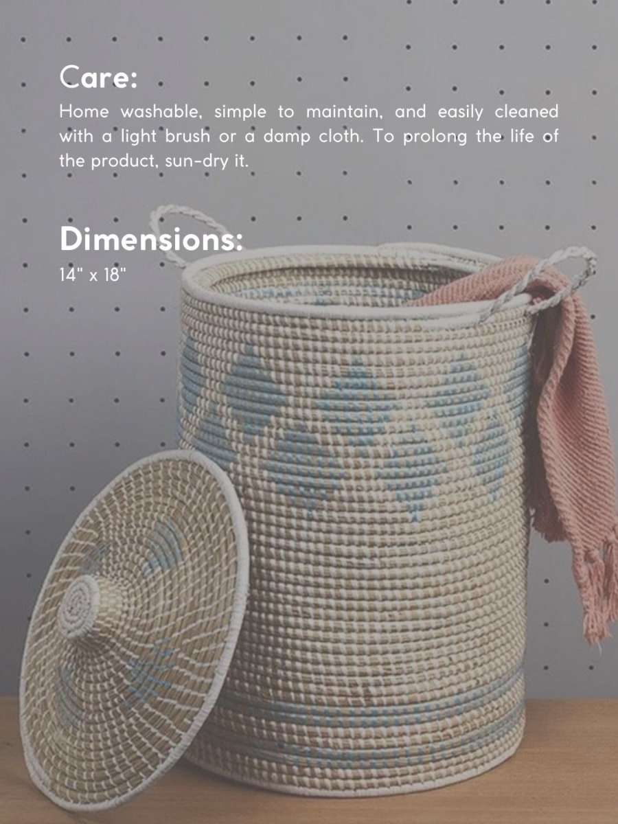 Handmade Moonj Grass Laundry Basket - Indigo - Diamond - Kadam Haat
