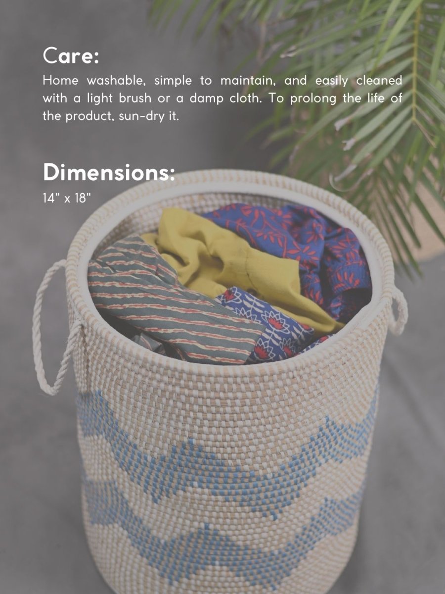 Handmade Moonj Grass Laundry Basket - Indigo - Wave - Kadam Haat