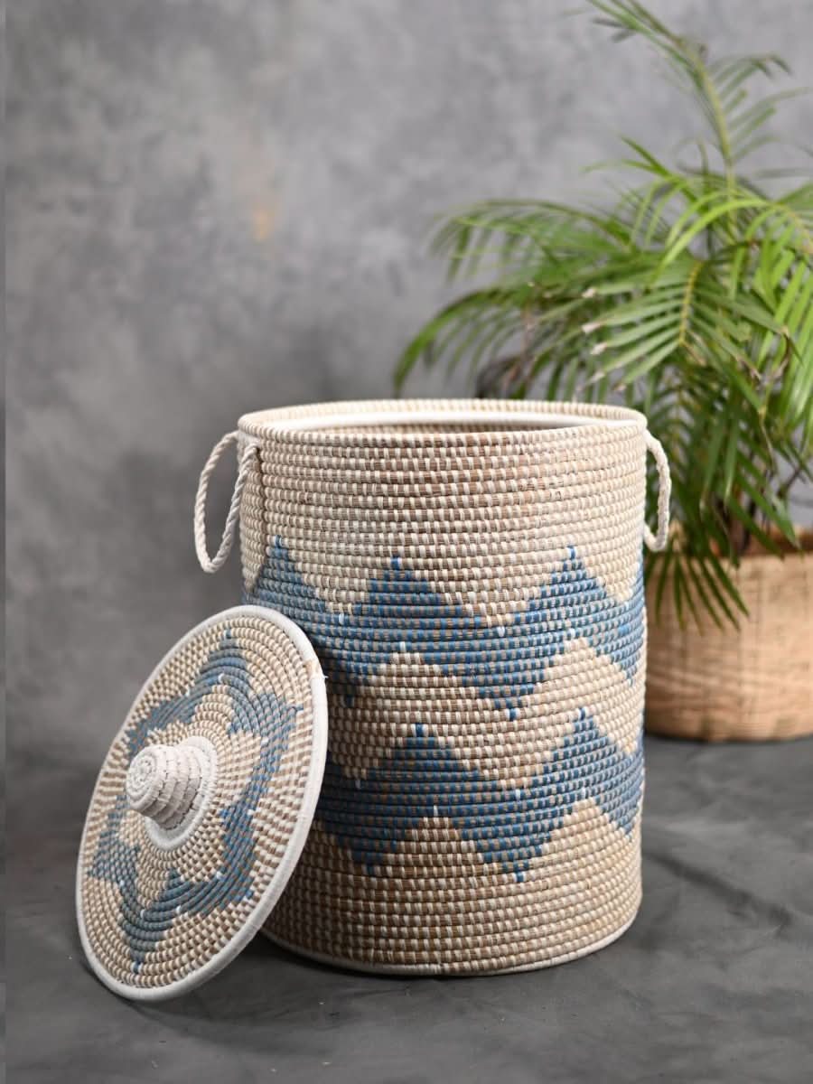 Handmade Moonj Grass Laundry Basket - Indigo - Wave - Kadam Haat