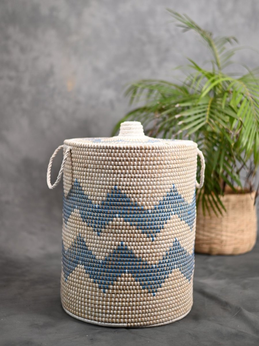 Handmade Moonj Grass Laundry Basket - Indigo - Wave - Kadam Haat
