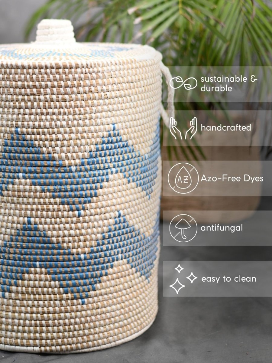 Handmade Moonj Grass Laundry Basket - Indigo - Wave - Kadam Haat