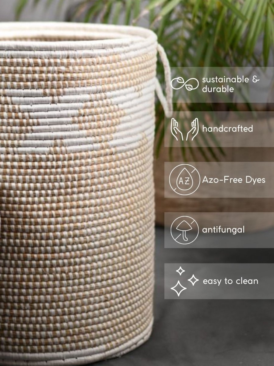 Handmade Moonj Grass Laundry Basket - White-Cross - Kadam Haat
