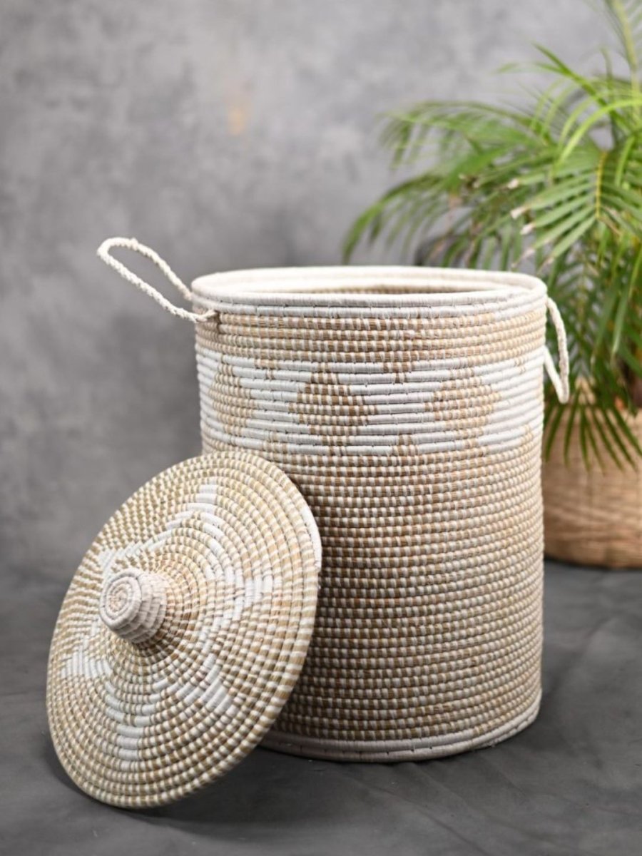 Handmade Moonj Grass Laundry Basket - White-Cross - Kadam Haat