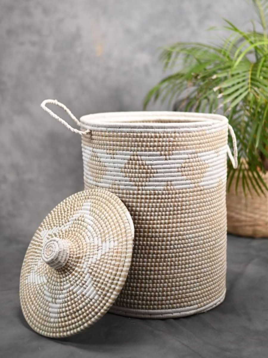 Handmade Moonj Grass Laundry Basket - White-Cross - Kadam Haat