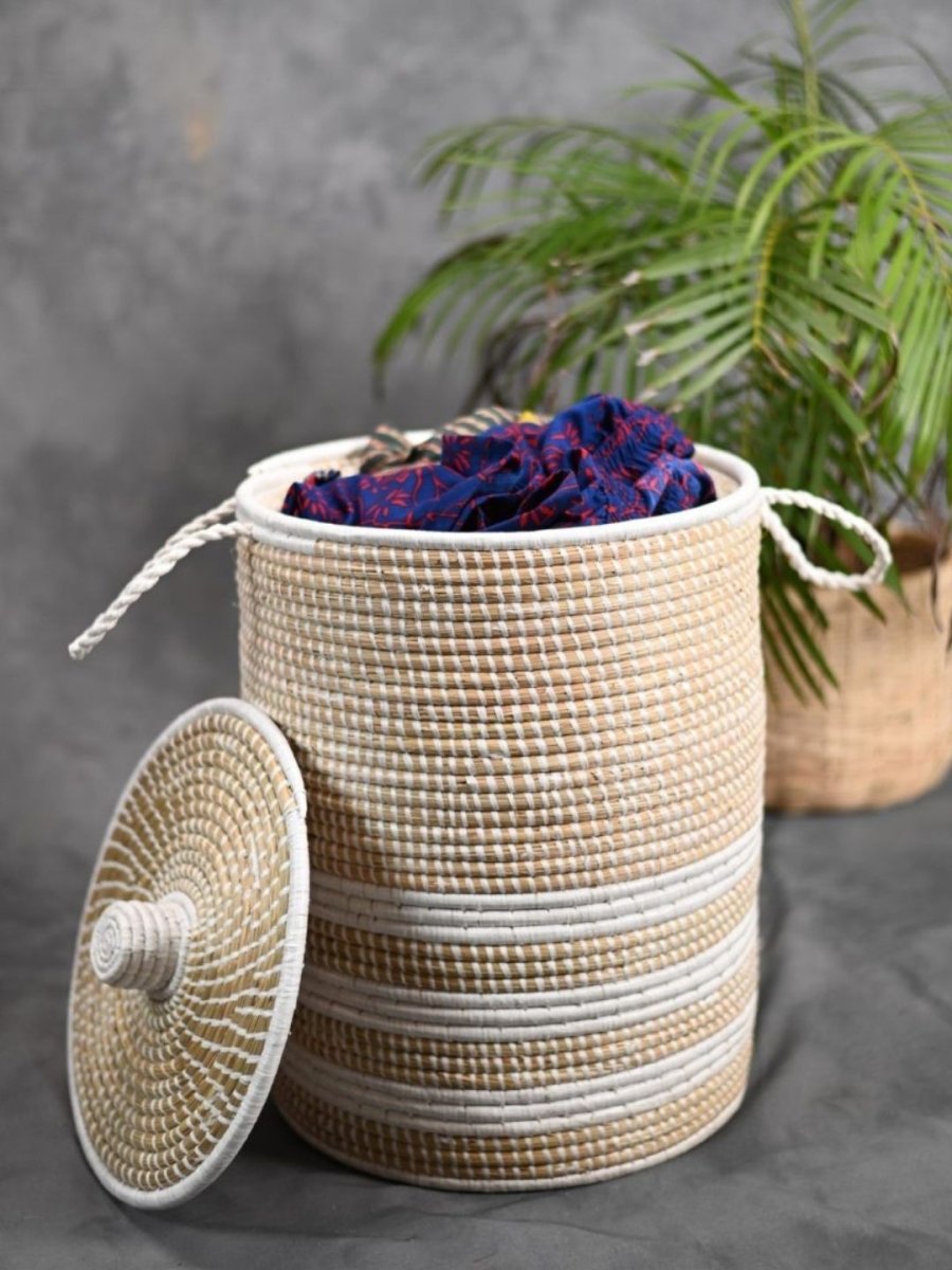 Handmade Moonj Grass Laundry Basket - White - Line - Kadam Haat