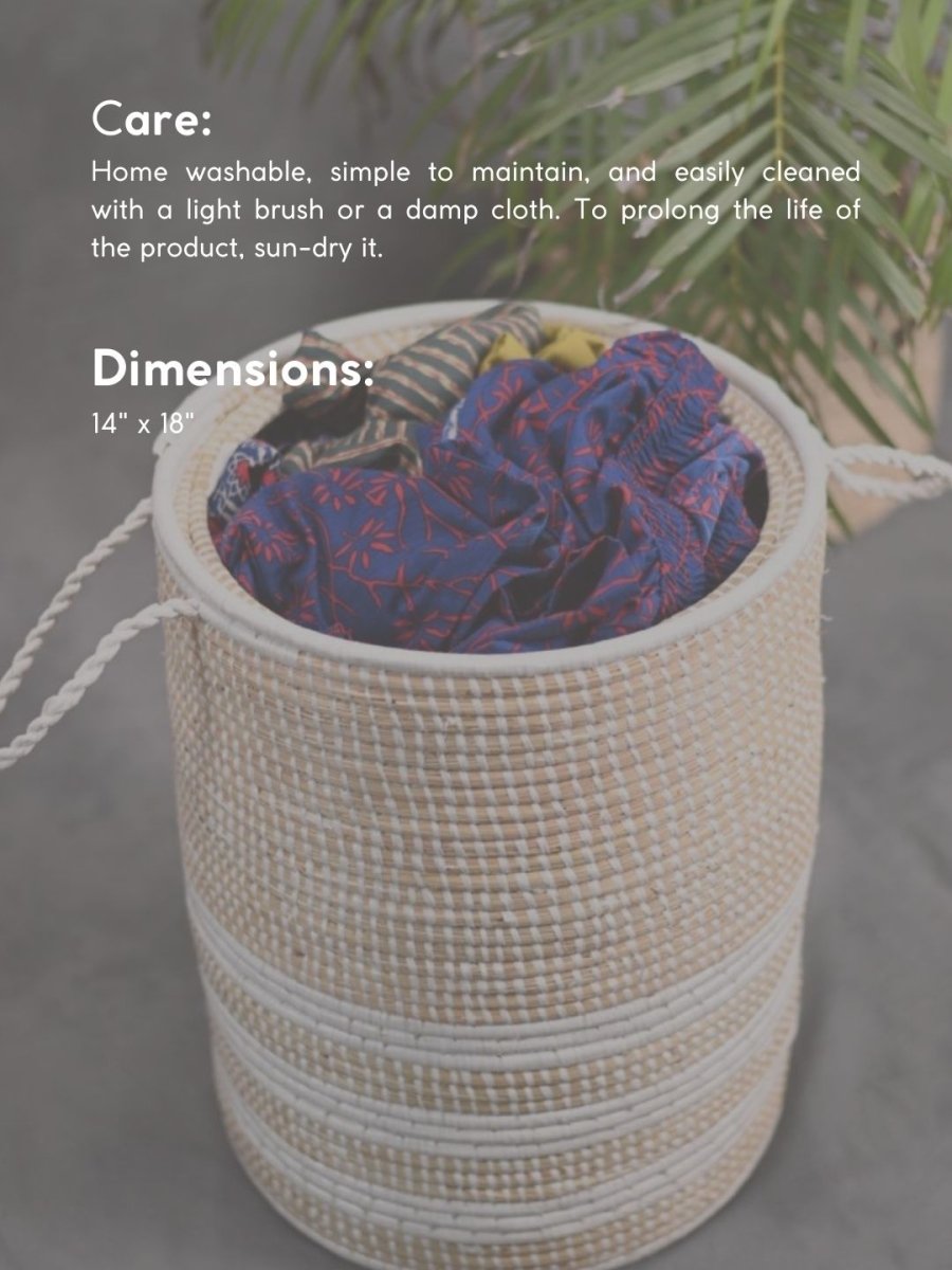 Handmade Moonj Grass Laundry Basket - White - Line - Kadam Haat