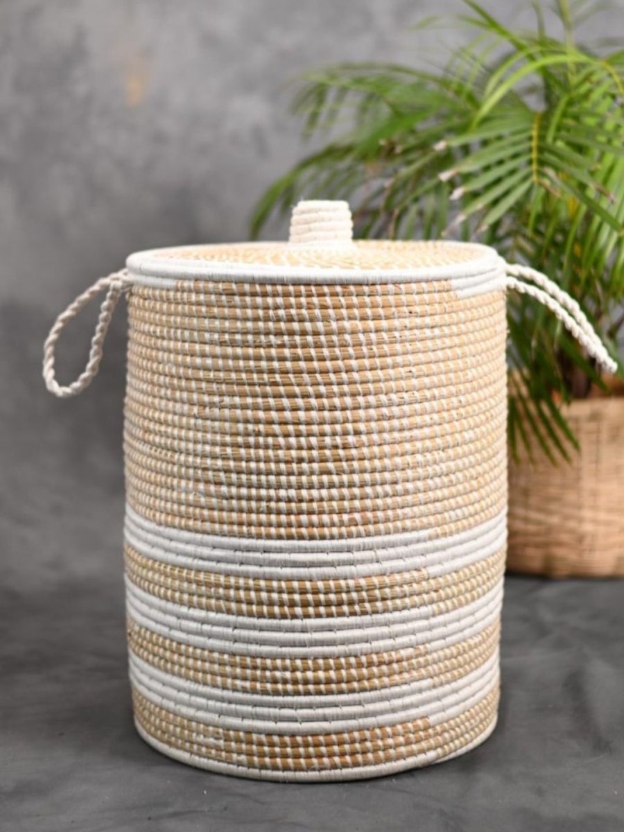 Handmade Moonj Grass Laundry Basket - White - Line - Kadam Haat