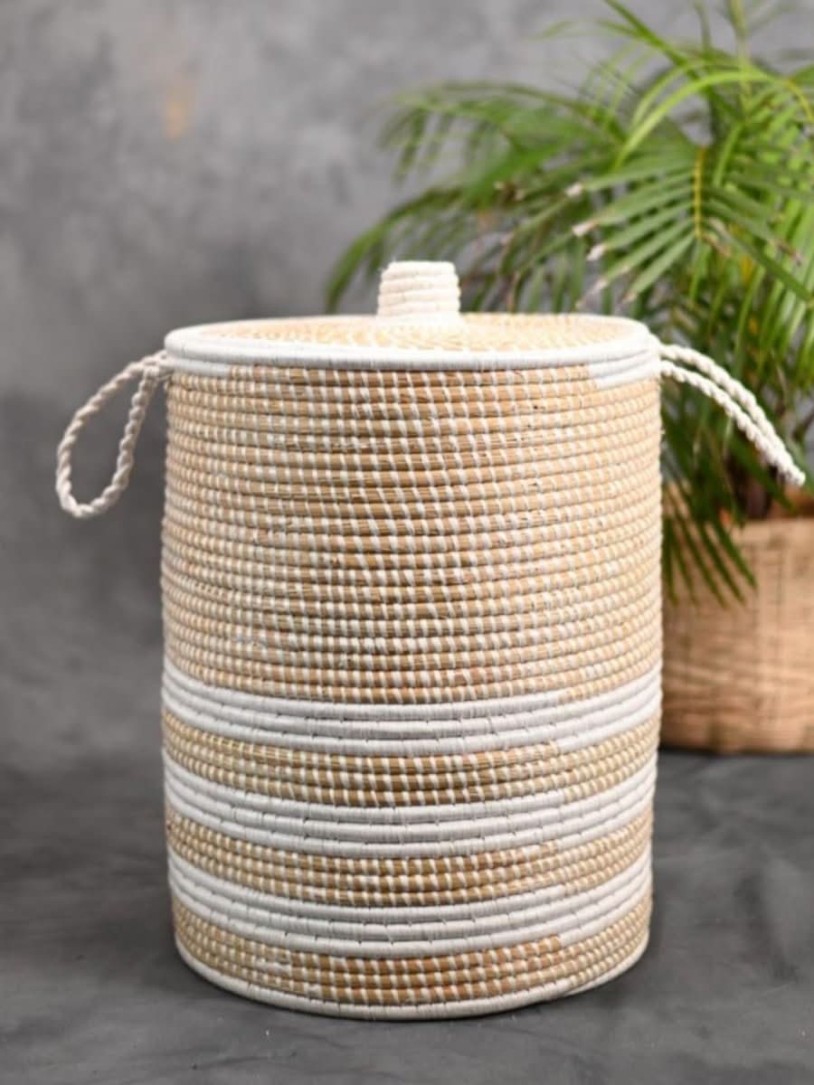 Handmade Moonj Grass Laundry Basket - White - Line - Kadam Haat