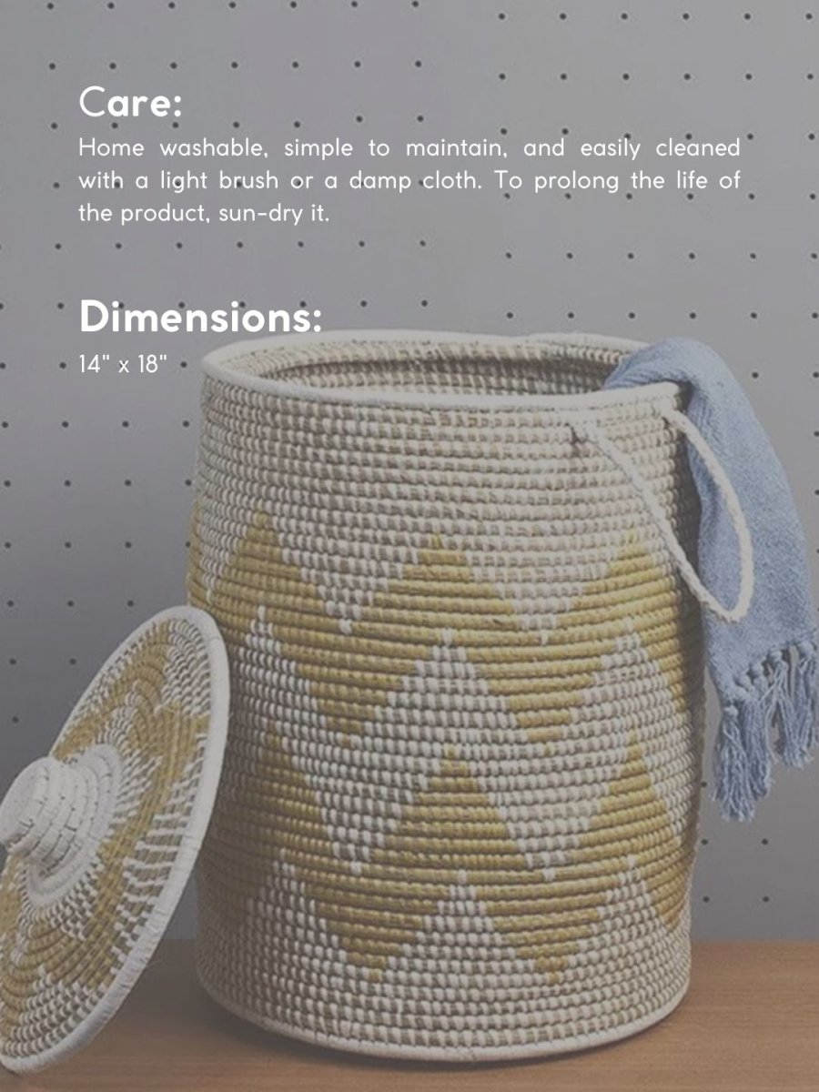 Handmade Moonj Grass Laundry Basket - Yellow - Wave - Kadam Haat