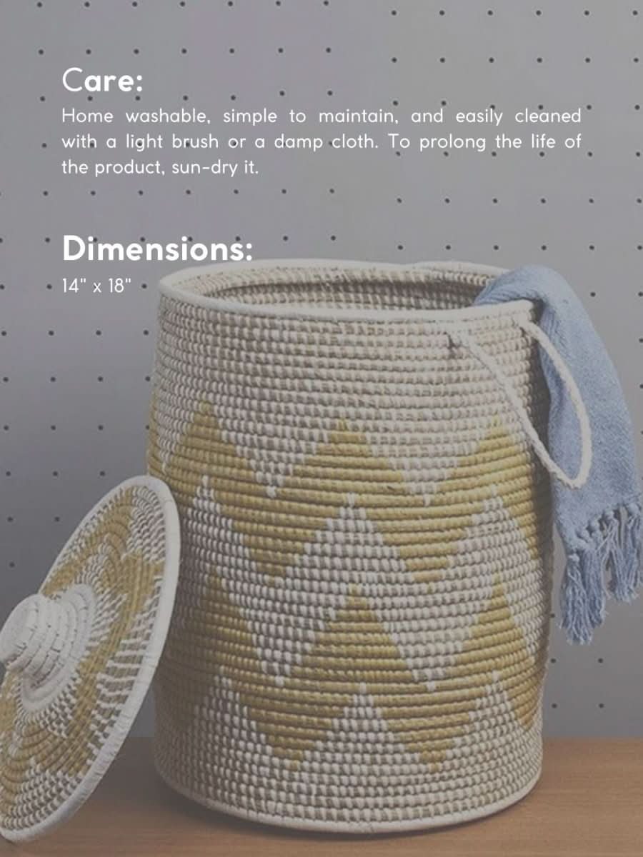 Handmade Moonj Grass Laundry Basket - Yellow - Wave - Kadam Haat