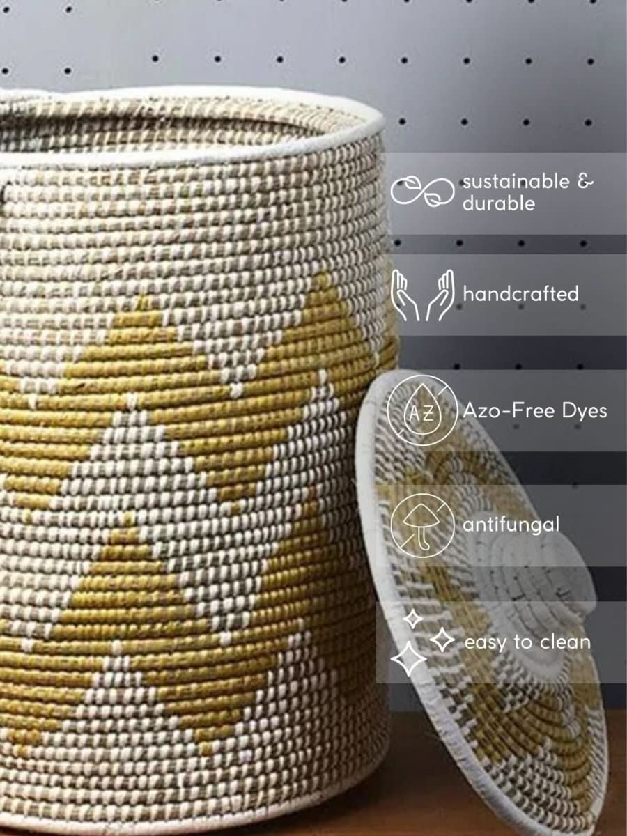 Handmade Moonj Grass Laundry Basket - Yellow - Wave - Kadam Haat