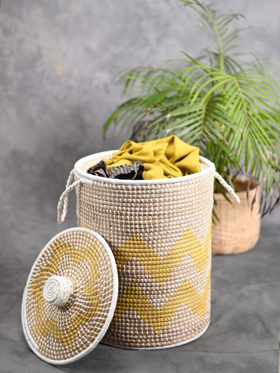 Handmade Moonj Grass Laundry Basket - Yellow - Wave - Kadam Haat