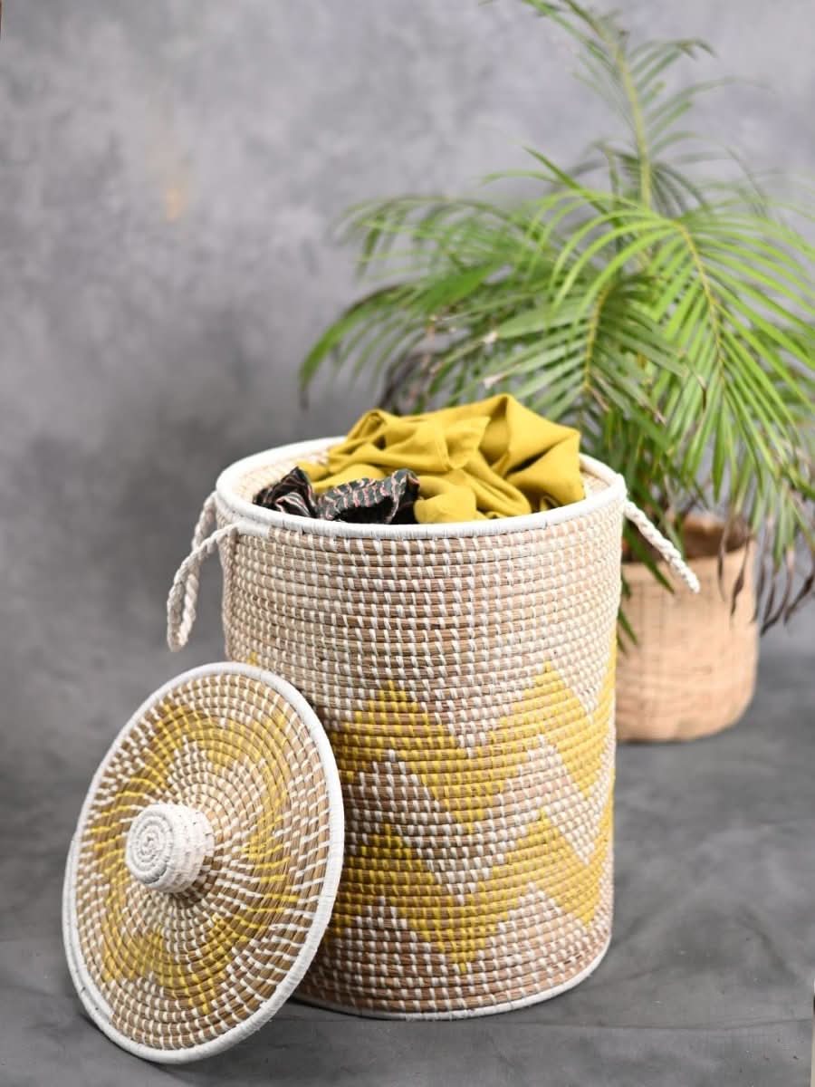 Handmade Moonj Grass Laundry Basket - Yellow - Wave - Kadam Haat