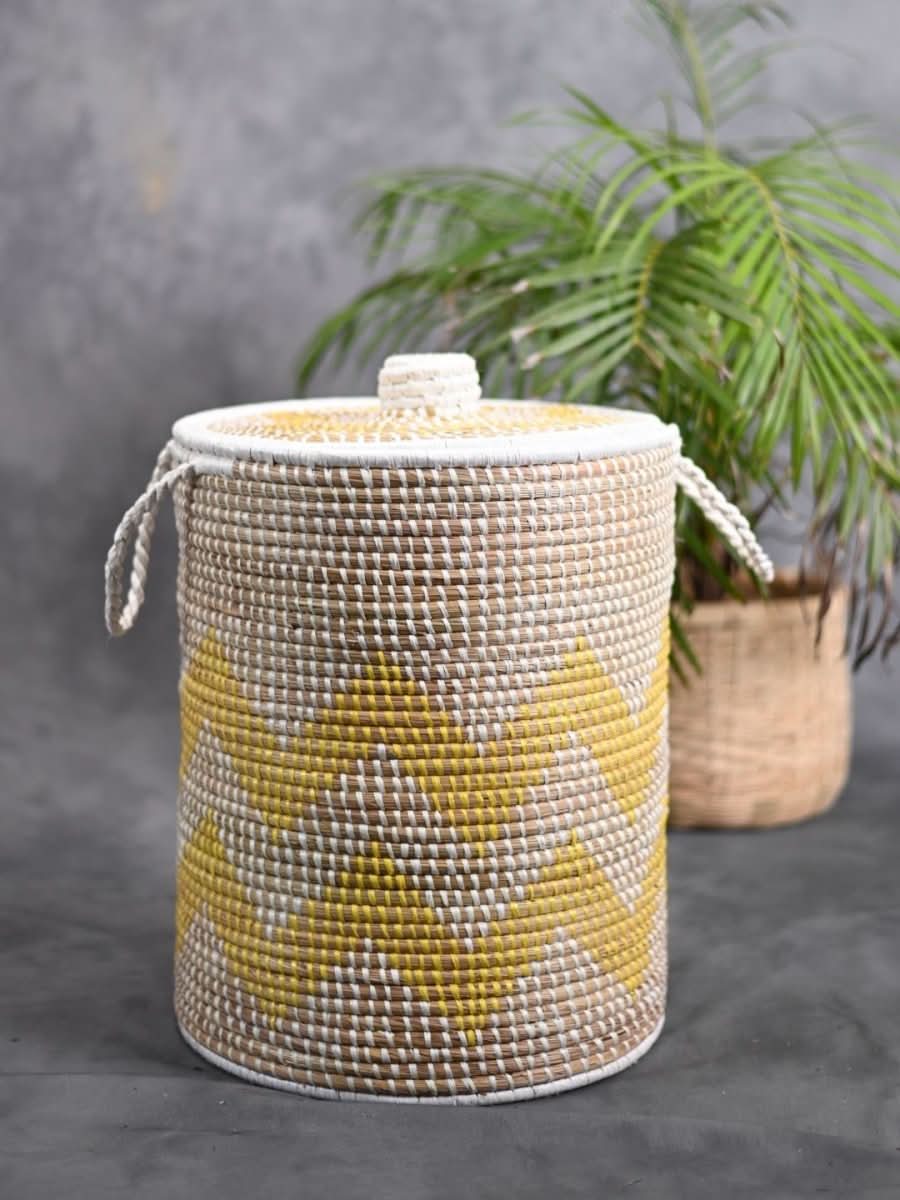 Handmade Moonj Grass Laundry Basket - Yellow - Wave - Kadam Haat