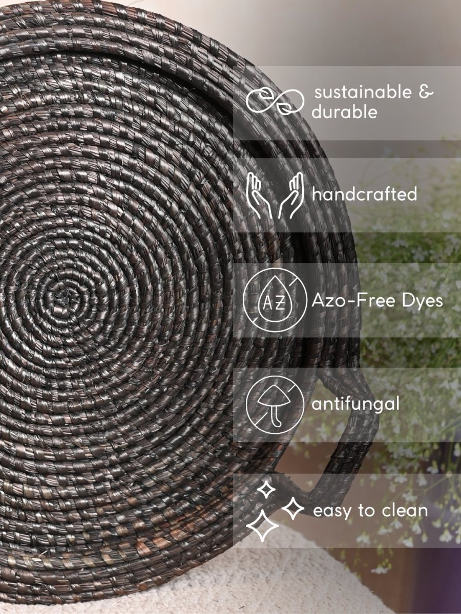 Handmade Moonj Round Centre Platter Tray - Black - Kadam Haat