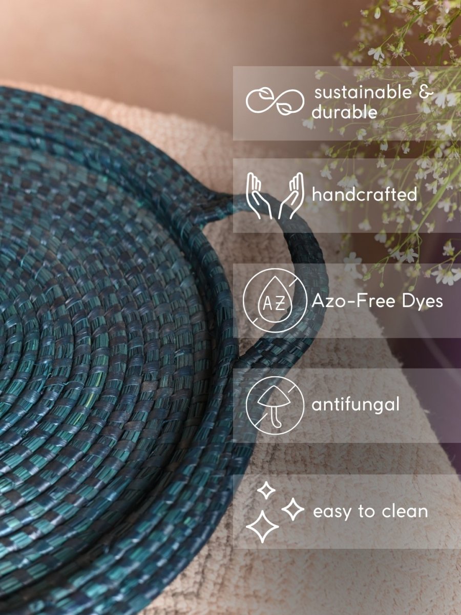 Handmade Moonj Round Centre Platter Tray - Indigo - Kadam Haat