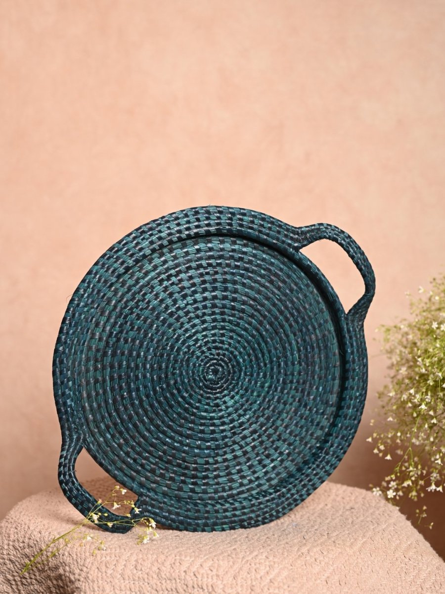 Handmade Moonj Round Centre Platter Tray - Indigo - Kadam Haat